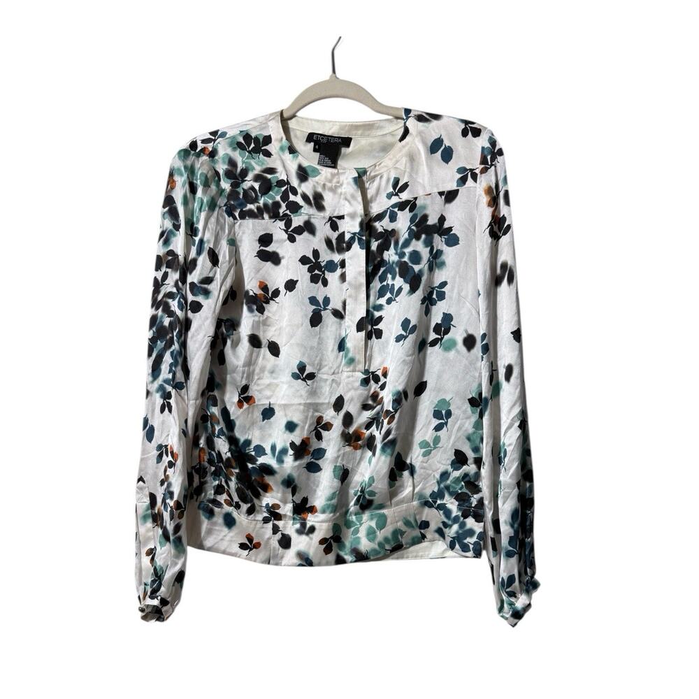 Etcetera Silk Floral Blouse Size 4 Ivory Green Long Sleeve Career Top
